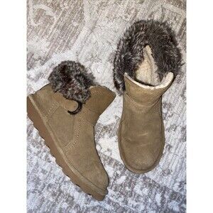 Bearpaw Women Boots Sz 9 Suede Konnie Faux Fur Trim Hickory Comfort Soft Lining